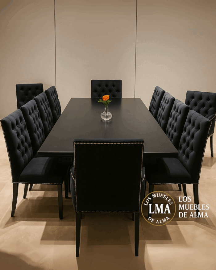 Mesa de 3,00x120 Restoration Con Faldon +10 sillas Vestida y Dos Sillones Capitone