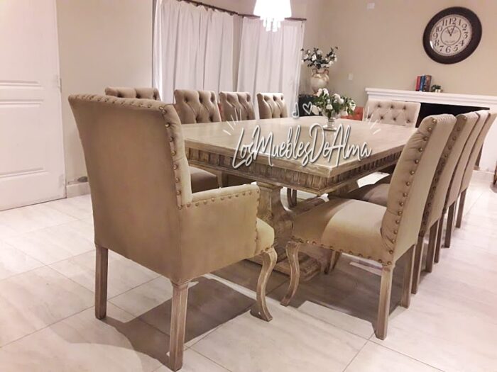 Mesa Restoration De 2,40X 1,20 Con 8 Sillas Capitone Vestida Patas Reina y Dos Sillones - Imagen 3