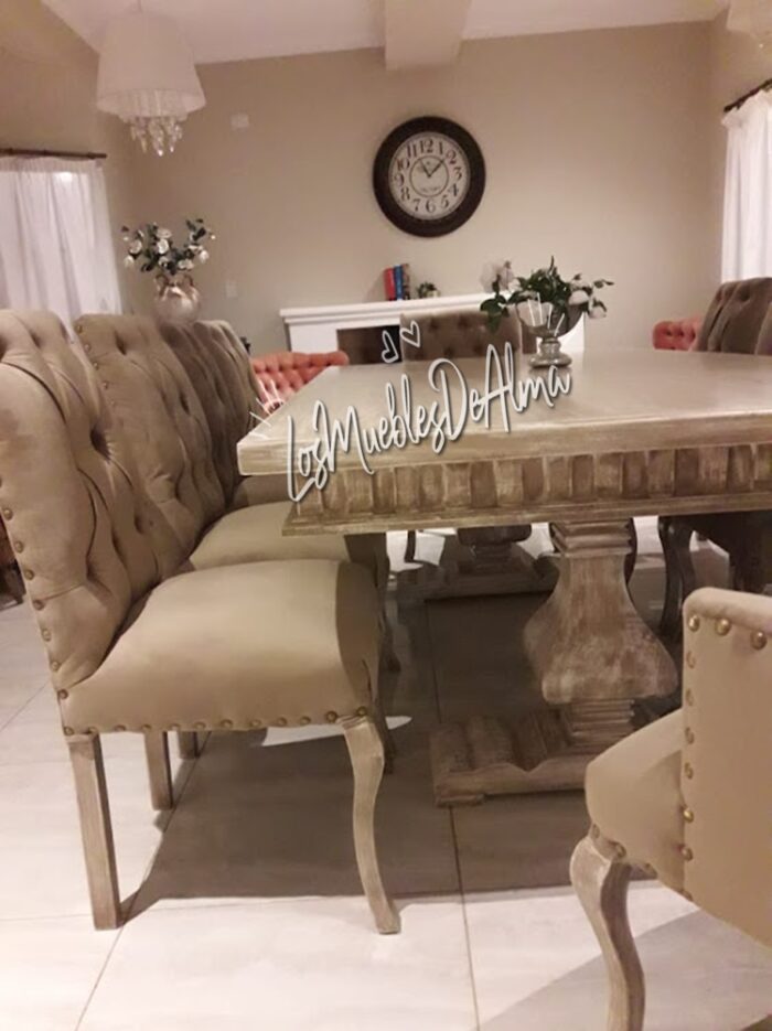 Mesa Restoration De 2,40X 1,20 Con 8 Sillas Capitone Vestida Patas Reina y Dos Sillones - Imagen 7