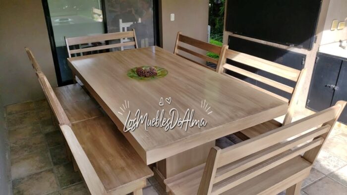Mesa De Sundae De 2,40x1,20 Con 6 Bancos Con Respaldo