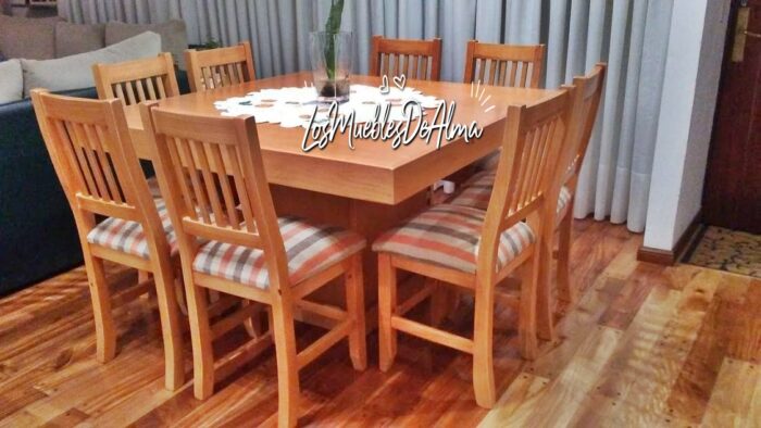 Mesa Cuadrada Pata Cubo +8 Sillas Hindu Lustrada Asiento Tapizados - Imagen 5