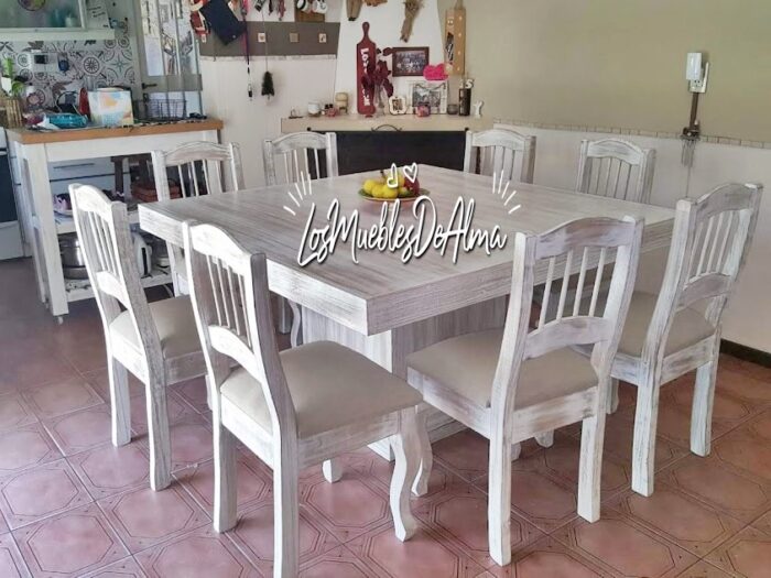 Mesa Cuadrada de 1,30x130 Pata cubo +8 Sillas Modelo Francesa Patinada