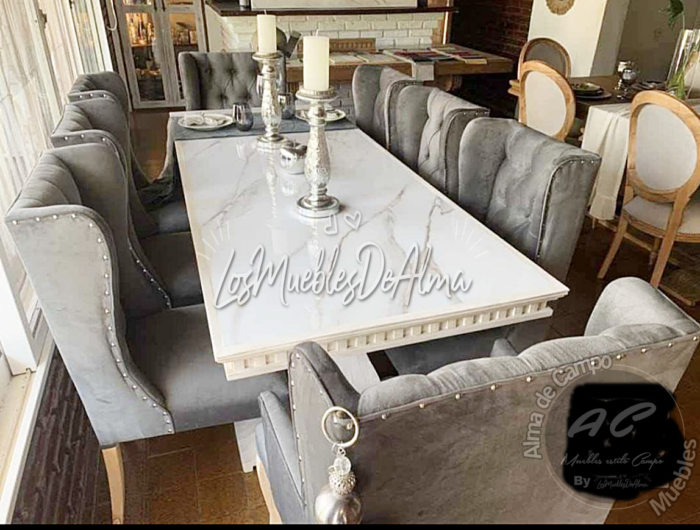 Mesa Resto con Faldon Porcelanato Sillas Capitone y Dos Punteros Versage - Imagen 4